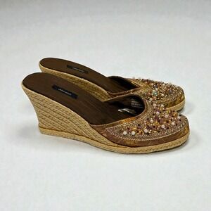 Gold Beaded Brocade Y2K Wedge Sandals Espadrille Slides Women Size 8 Xhilaration